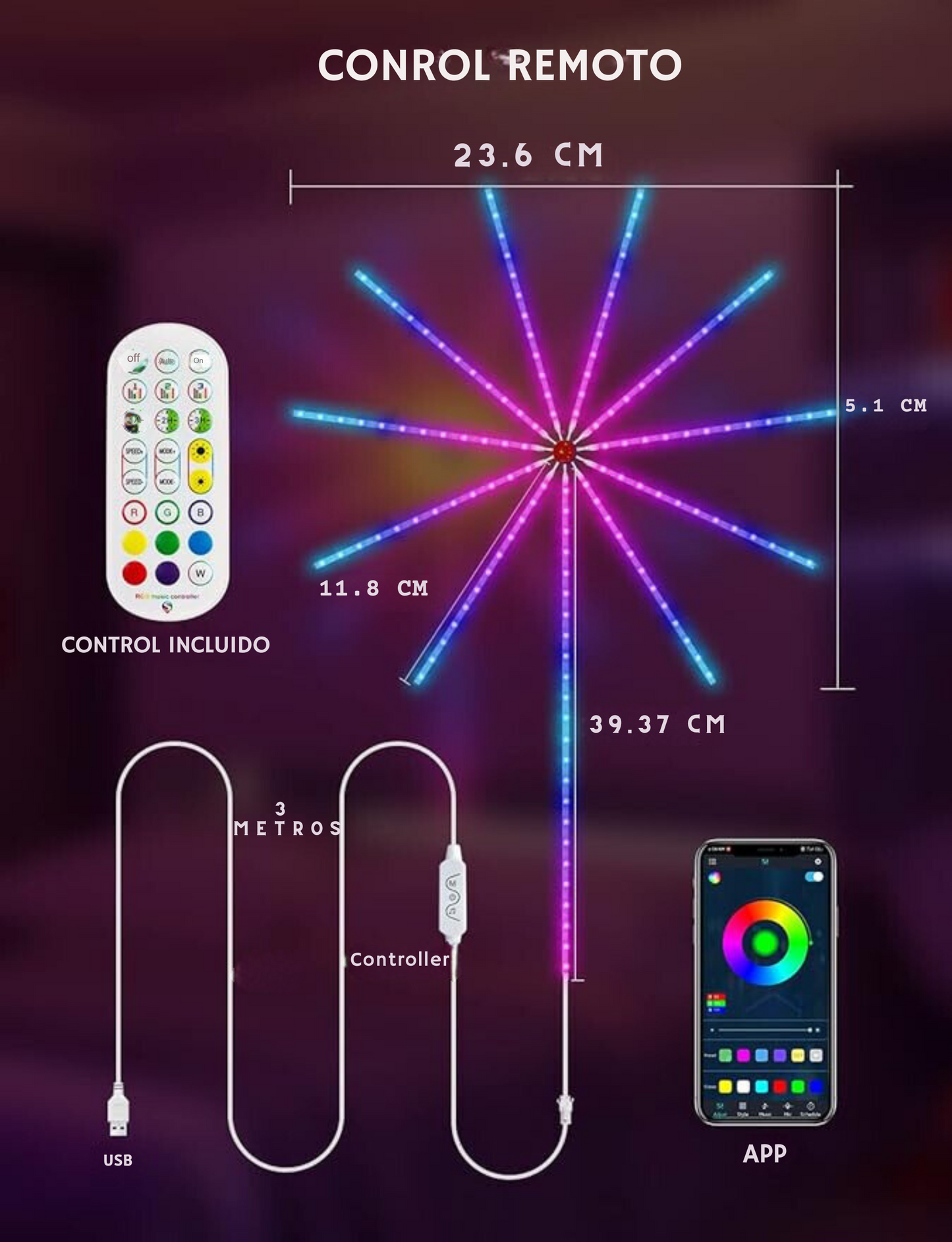 LUCES LED FUEGOS ARTIFICIALES Y MUSICA