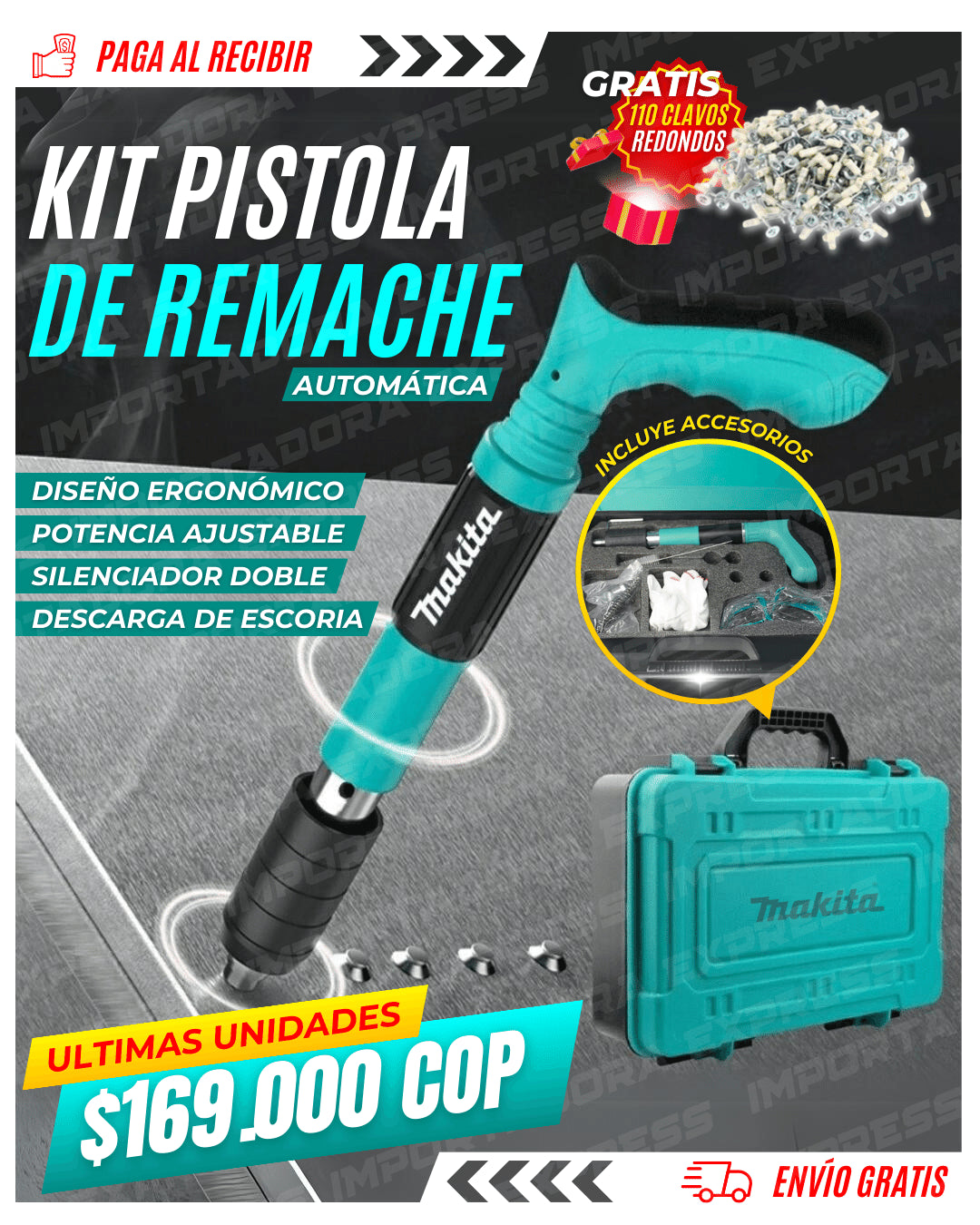 KIT PISTOLA DE REMACHE MAKITA®️ | 100 CLAVOS GRATIS | KIT COMPLETO + OBSEQUIO